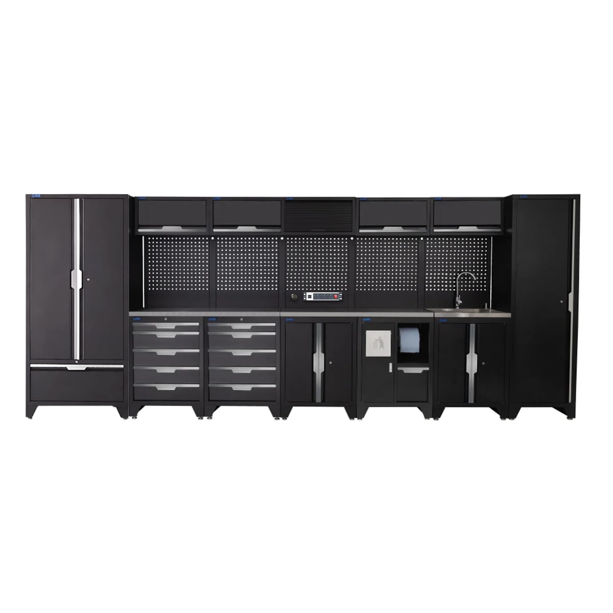 SGS 17pc Garage Storage System | 10 Drawers | Stainless Steel Worktop | Tall Single & Double Cabinet with Drawer | Bin Unit | Sink Unit | Floor Cabinet | 5x Upper Cabinets | Pegboard with Power Strip
